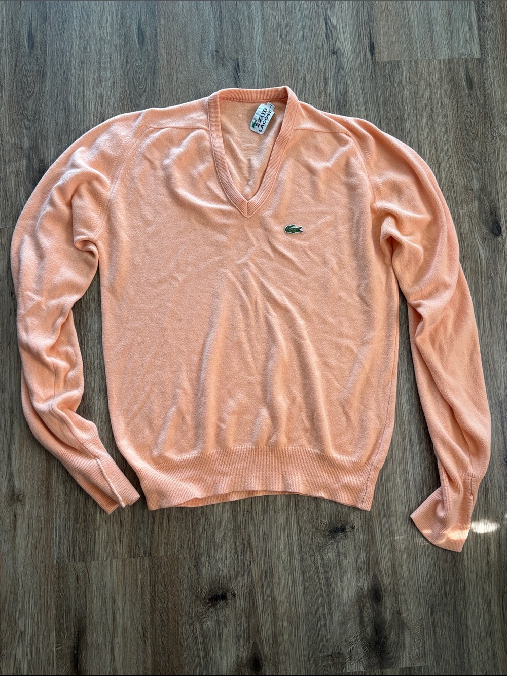 Vintage Lacoste Women's Peach V-Neck Lightweight Sweater